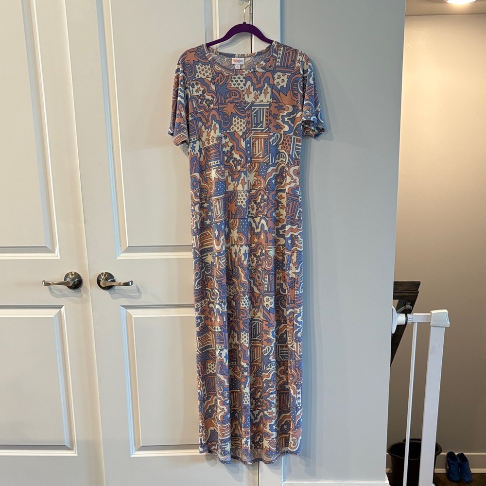 LuLaRoe Abstract Print Maxi Dress - Blue red and cream
